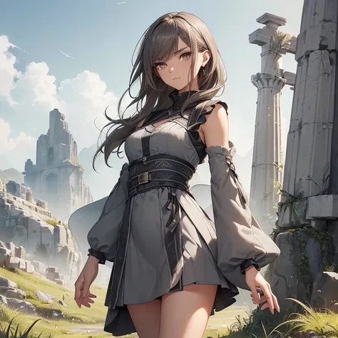 Masterpiece, HD, High Resolution, Best Quality, High Quality, High Details, Super Detailed. High fantasy genre, fantasy artwork. Solo character alone.
{{(A 20-years-old female-angel-traveler:(appearance: fair-skin. Brown-eyes. Grey-short-hair. Beautiful fa...