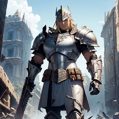 Masterpiece, High Resolution, HD, High Quality, Best Quality, Super Detailed. High fantasy genre, fantasy artwork. “Warhammer 40K aesthetic”.
{{(A male super knight of 160-years-old:(appearance: Blue eyes. Fair skin. Short-blonde-hair. Blonde-eyebrows. Han...