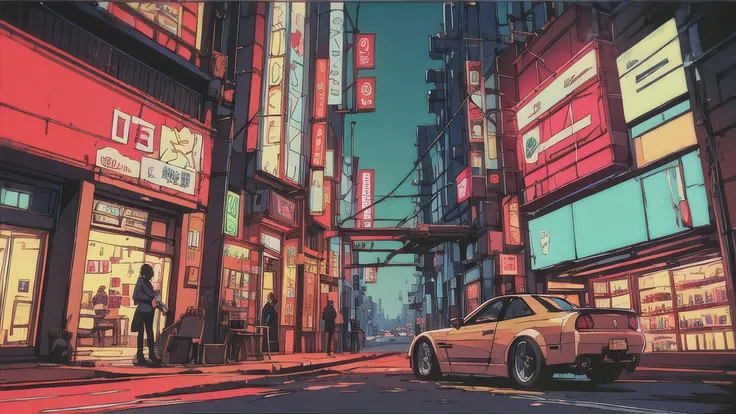  A detailed scene of a cyberpunk street set in Tokyo ,  with elements of retro 80s style and a lively, high-fashion atmosphere . the street,  inspired by the art of Liam Wong ,  shows vibrant neon lights , , bright lanterns and a store colorful and dreamy ...