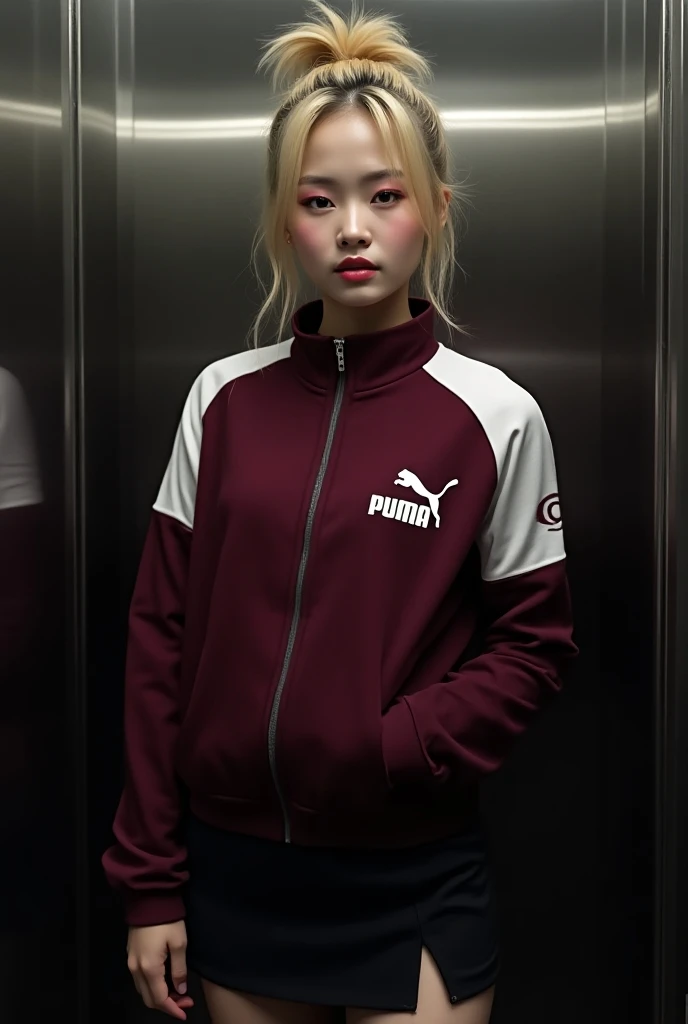  a young woman with Asian features , possibly Korean .  She wears light blonde hair ,  combed in a high ponytail with loose locks around the face that give it a slightly disheveled and youthful style. Her makeup is subtle,  highlighting pink lips and soft ...