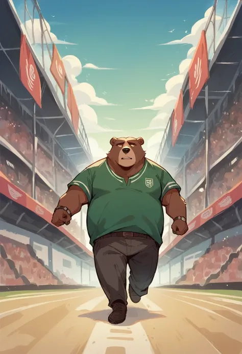 A bear walking down the soccer city stadium south Africa with a full view of Orlando pirates fans on grand stands chanting 