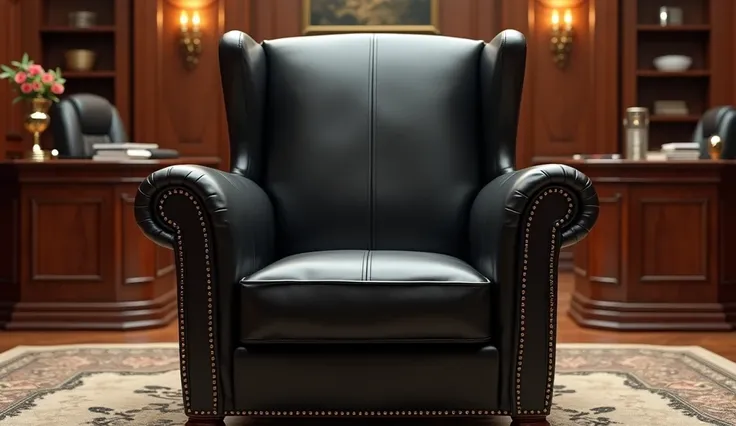  It has a large, luxurious black managers office chair without humans 