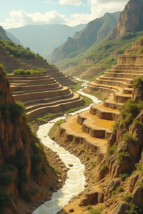 A system of Inca channels and terraces on the side of a mountain ,  where water is diverted through channels to mining areas .  The illustration shows how water flows and helps to wash minerals in a gold mining area.