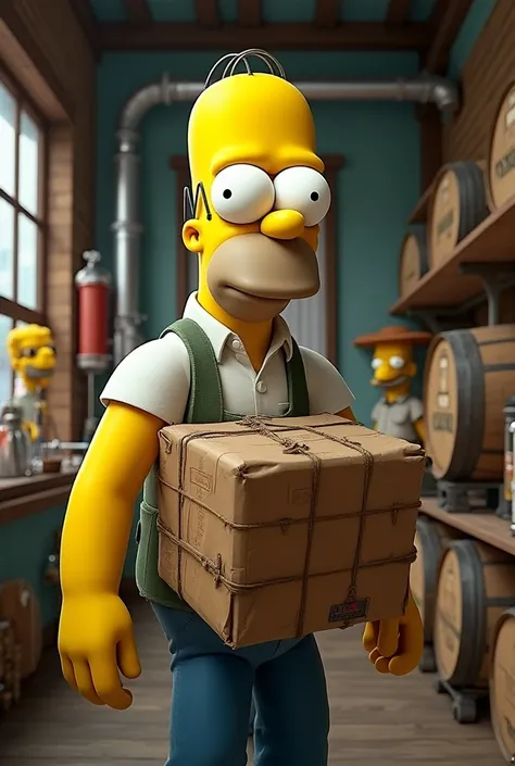 Homer Simpson at a brewery being transported to a small store for sale