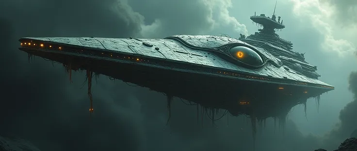 Imperial star destroyer made of flesh, organic space ship, demonic eye at the center