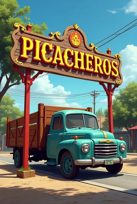 Picacheros community sign with light cargo car background, long bed and railing