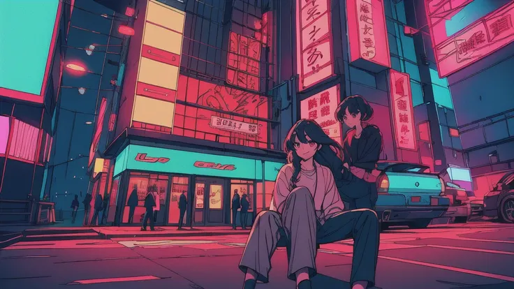  A detailed scene of a cyberpunk street set in Tokyo ,  with elements of retro 80s style and a lively, high-fashion atmosphere . the street,  inspired by the art of Liam Wong ,  shows vibrant neon lights , , bright lanterns and a store colorful and dreamy ...