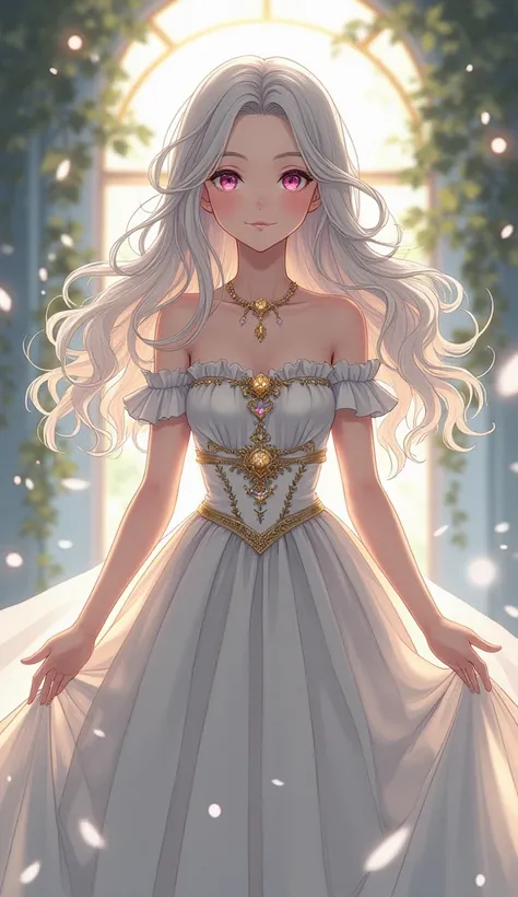 15-year-old anime faith,  full body .   waist-length hair ,  wavy silver color .  Light pink eyes . Dressed in a white dress from the year 1825 with jewels. 