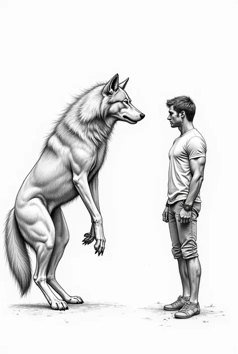 Generate a pencil image with easy lines of a wolf and a man looking at each other intently and showing their entire body