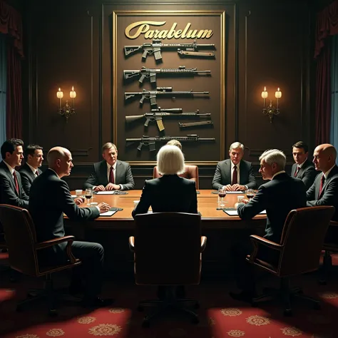 Italian Mafia, hollywood, White-haired woman as leader, Logo, With the name spelled Parabellum, weapons, business meeting