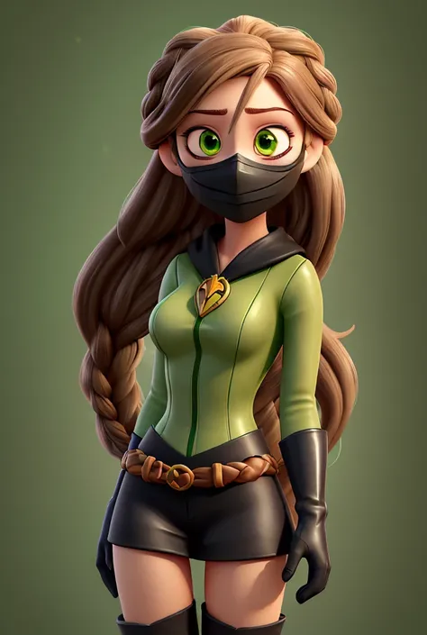  Imagine a heroine girl with long brown hair , braided in two that elegantly on the sides of her face.  Her outfit is a vibrant green color ,  that highlights her energy and determination . in the chest,  she wears a crystal symbol that shines brightly ,  ...