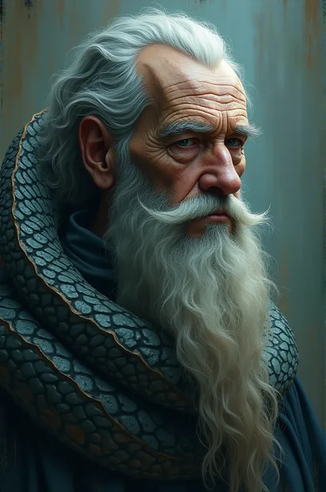 A Dragon with an elongated body like Smaugs but with the human face of an old man with a long gray beard just below the chin