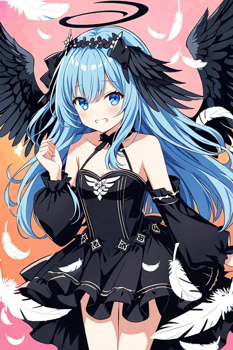 Vector art、:0.5),Blue hair、cuteFallen Angel Costume、((Fallen Angel)), Ragged White Feathers , White Feather Hairpin ,((Oblique eyes)),teeth,cute,Scattered White Feathers , Beautiful background 