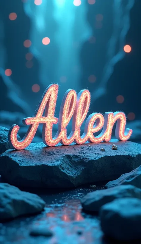 Sparkly write the name ALLEN three-dimensionally in cursive。Draw the background in a cool way 。Never write people 。