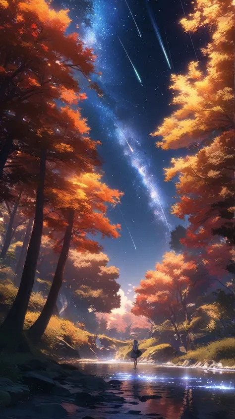 anime, scenario, Big tree, stream, shooting star, 4K