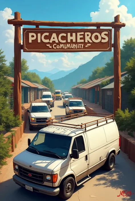 A sign that says:Picacheros community,with light cargo car bottom long bed and railing and small pickup trucks with short bed and railing parked on a road 