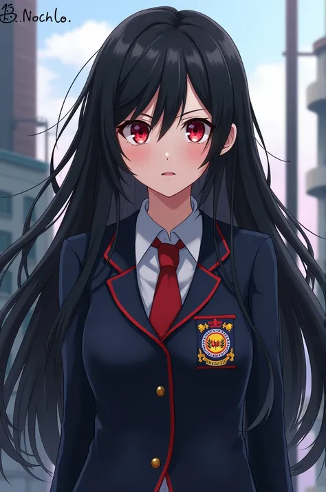 Girl with long black hair in My hero academy uniform and red eyes And loose hair with Eljiro Kirishima 
 