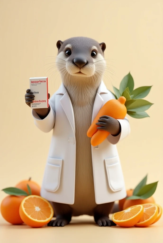 Nutritionist otter in one hand box of valsartan and oranges in the other 