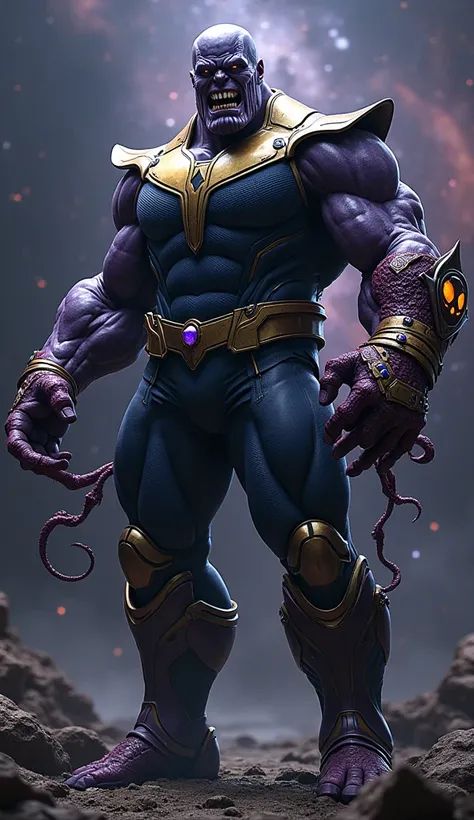 "Create a full-body image of a powerful hybrid character that combines elements of Thanos and Venom. This character has Thanos massive, muscular build and iconic armored sections, but with dark, glossy, tendril-covered skin like Venom. The face is a blend ...