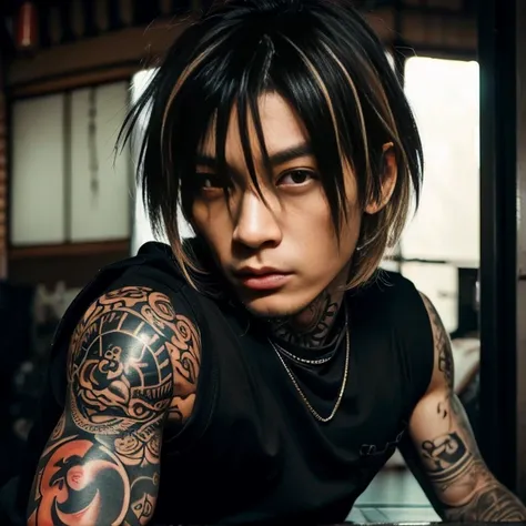 1 man, Japanese man, male, Asian eyes, muscular, broad shoulders, yakuza tattoos, hairstyle Visual Kei style, hair Visual Kei, black mens shirt and black pants, ultra detailed face and eyes, hyperrealistic, realistic representation, long hair, long hair, 3...