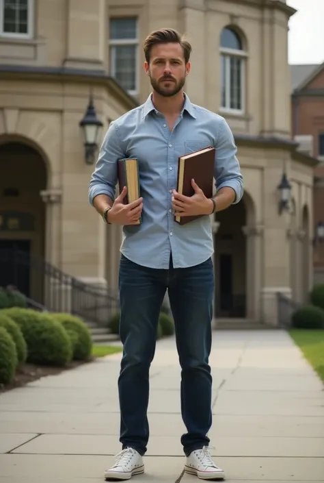 Ryan Gosling as if he were a college student, outside the university holding books,  full body 