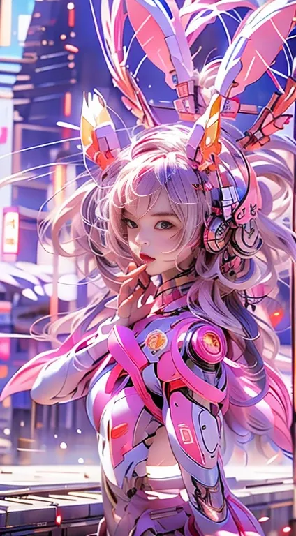 pink bunny mecha girl，mirai，Cool lighting, wings