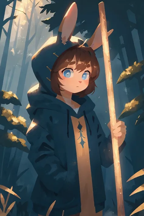 A Rabbit Mans Apprentice Sorcerer,  has a magic wooden staff , dark blue eyes, brown hair, fluffy fur, Blue and gold hoodie , in a dark forest