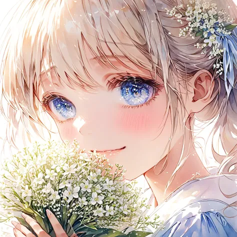 anatomically correct , best quality , highres , UHD, masterpiece、upper body, watercolor, ultra detailed cute moe anime, pastel color, pale color, warm atmosphere, ephemeral, transient, fleeting, A  holds a bouquet of baby’s breath flowers carefully in both...