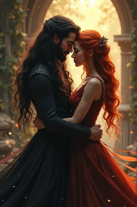  A 22-year-old black-haired, bearded young witch embracing a 35-year-old red-haired witch with a height of 1.50 witch dresses  