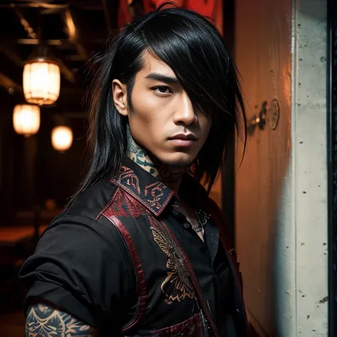 1 man, Japanese man, male, Asian eyes, muscular, broad shoulders, yakuza tattoos, hairstyle Visual Kei style, hair Visual Kei, black mens shirt and black pants, ultra detailed face and eyes, hyperrealistic, realistic representation, long hair, long hair, 3...