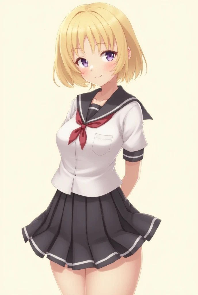 (anime) Blonde girl about , Short hair with loose hair with big breasts.  dressed as a schoolgirl
