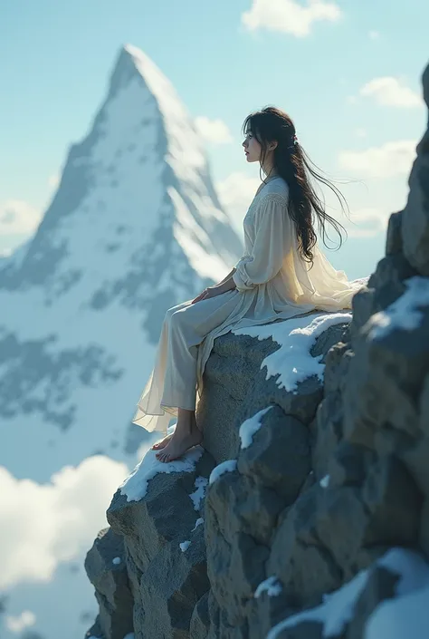  A girl sitting on the top of a mountain, with her eyes lost thinking about life  