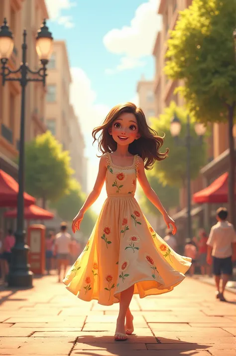 Happy girl walking down the street wearing a dress 