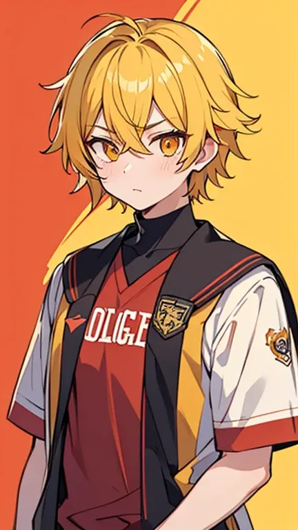 (( yellow hair and orange eyes )),((Im a man with red , wearing yellow gradation college student clothes)),bangs, hair between my eyes 