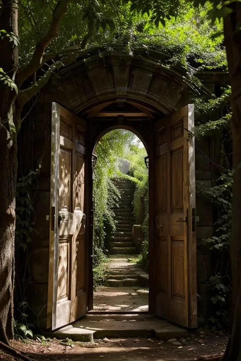 A hidden magical door in the forest, ancient trees surrounding it, vines of light entwined around the entrance, opening to reveal a mysterious new world