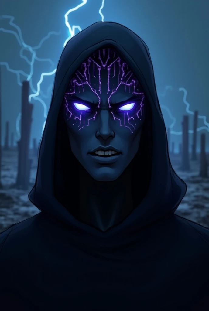 A dark, intimidating avatar representing MrSinapsiZ, with a cyberpunk aesthetic, featuring dark shadows, electric blue and deep purple highlights. The figure has a mysterious hood, glowing, neural-like circuitry patterns around the head and eyes, symbolizi...