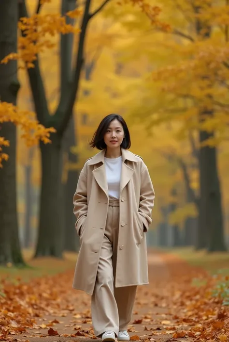 A small Korean woman in her 50s 、Short, medium length hair 、  natural color clothing  、  natural look、  Top Quality  、  super high resolution  、 high quality detail  、8ｋ、Maple leaves :1.5、  deep autumn forest  、 A beautiful Korean woman in her 50s  . I was...