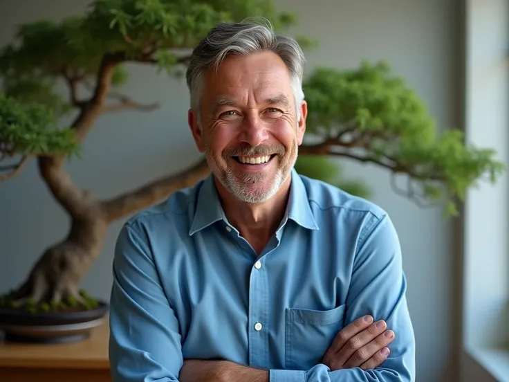  generate the image of a happy 50-year-old man ,  wearing a blue shirt crossing his arms,  looking forward  (camera) with a bonsai in front of you .