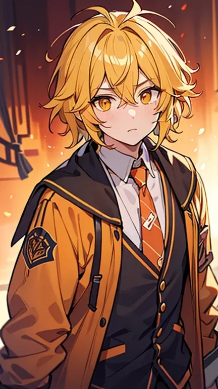 (( yellow hair and orange eyes )),((Im a man with red , wearing yellow gradation college student clothes)),bangs, hair between my eyes 