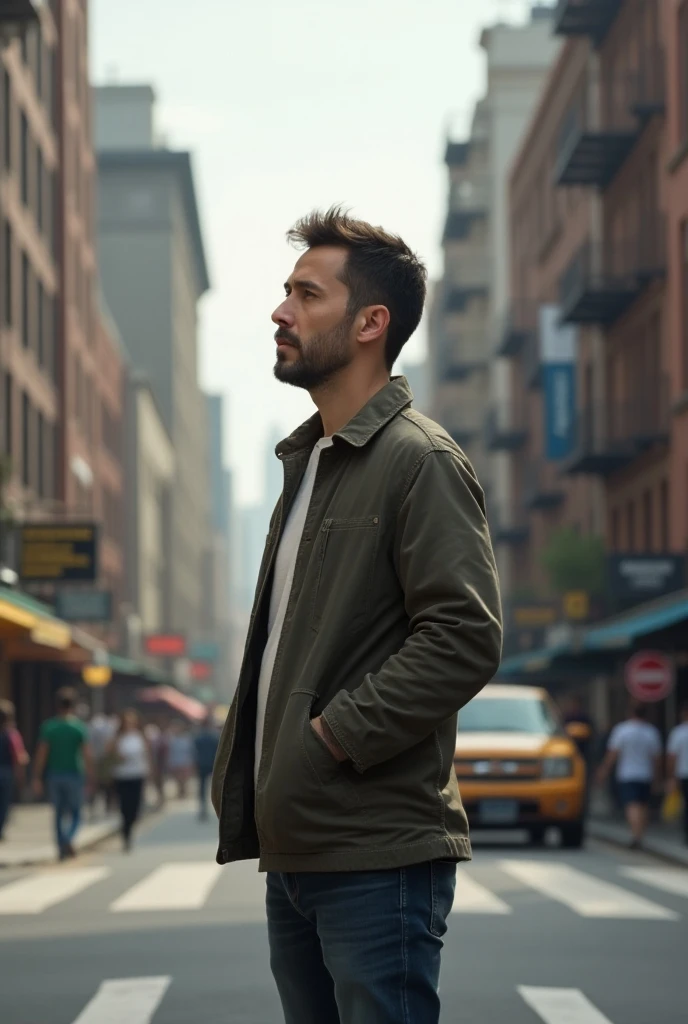 A man standing street looking left