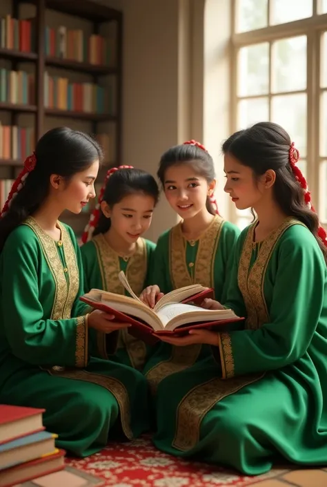 Students in a dress with the colors of the flag of Uzbekistan read a book Create several pictures in a 3D model