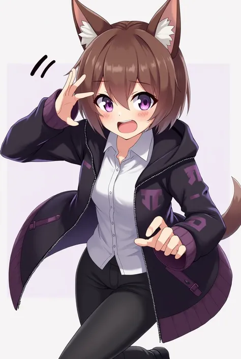 Anime teenage female, short brown hair, brown dog ears,  white shirt, black purple clothing zip up jacket,black boots, angry, purple eyes, fighting, pants