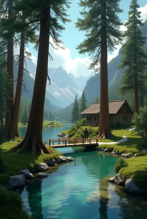 6 big alpine trees and their roots touching river and green transparent river and wood bridge and stone cabin  ,chair and rock and mountain