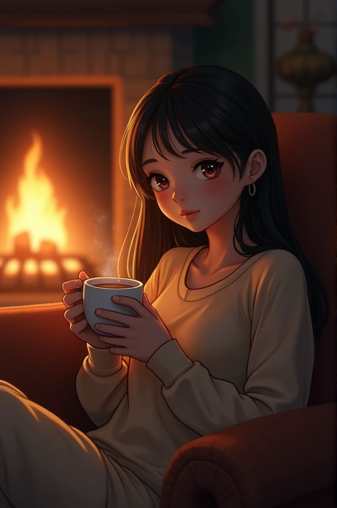 A real girl sits by the fireplace in the evening and drinks coffee