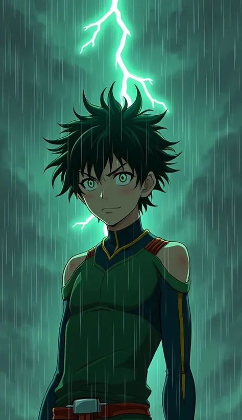 Midoriya is alone, training vigorously under heavy rain, his breath visible in the cold air. Rainwater drips from his messy hair, and his green lightning crackles subtly around him. His determined expression shows his commitment, while raindrops splash aga...