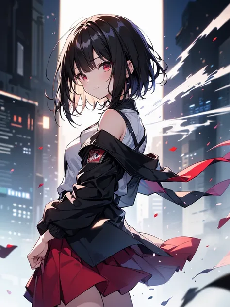 masterpiece, highest quality, highest quality, (no text), Beautiful and aesthetic:1.2),no text,anime、break,anime、break、 one girl、 Dark Haired Girl Short Hair 　 Slit Eyes Boyish 　adult　 beautiful eyes　red eyes, cool smile　Shoulder　skirt　 Black jacket, whole...