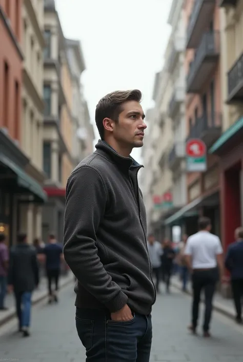 A man standing street looking left