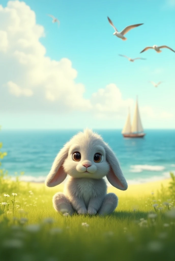  cute rabbit、A large field、 blue sky、 sunrise、 huge ocean in the background、sailboat、3 seagulls 