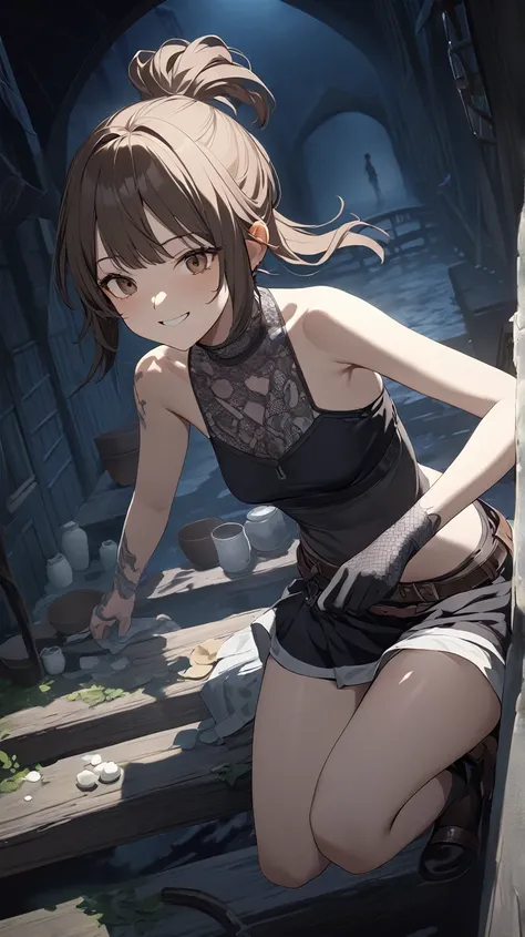 1 girl, ( cute face),  Mischievous Smile ,  Medium Brown Hair ,  Short Ponytail , ファンタジーのThiefの衣装, Thief,  cowboy shots,  small breasts, Agile Stance ,  Pottery Skin , break,  Under the Moonlight, Soft Shadows, ( mystical atmosphere:1.2), sense of urgency,...