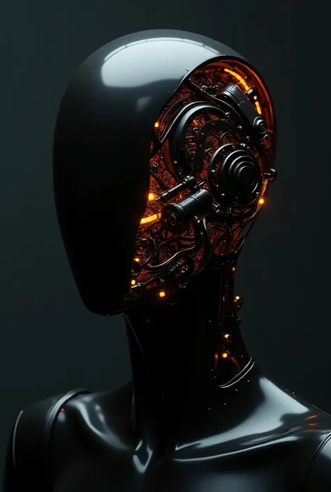 A glossy black mannequin head split in half, one side has an intricate cybernetic machine inside the skull and glowing with orange light, the other is smooth without any details or structure, photorealistic in the style of a cyberpunk artist. --ar 4:5